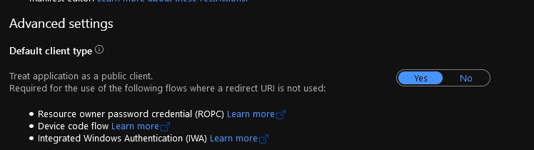 Overview of client type on Azure AD App Registration Authentication Tab